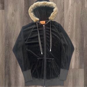 Dark Brwn velvet Juicy Couture velour zipup hoodie w custom faux fur trim Sz S/M